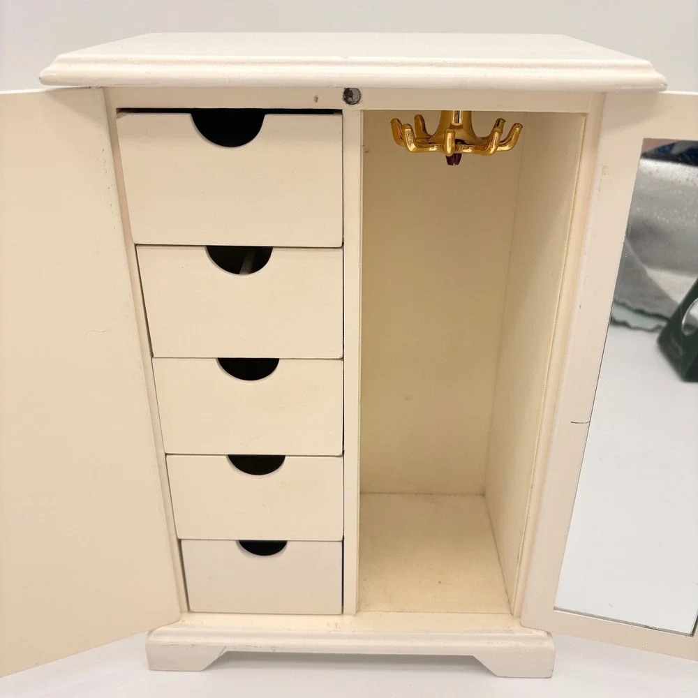 Vintage Shabby Chic White Floral Jewelry Armoire Rose Trinket Box Organizer